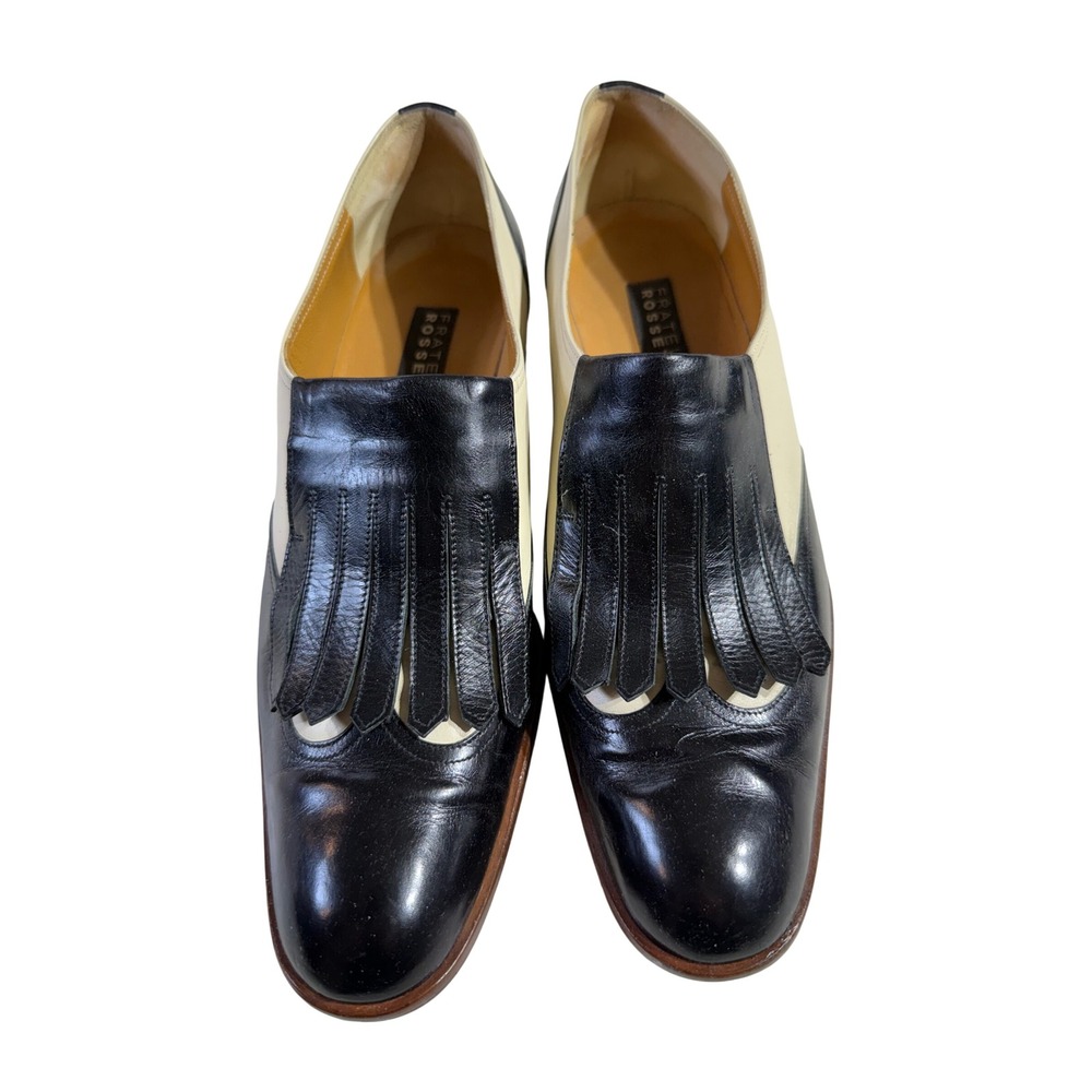 Fratelli Rossetti Leather Loafers Vintage 7.5 Black Cream Kiltie Fringe Italy